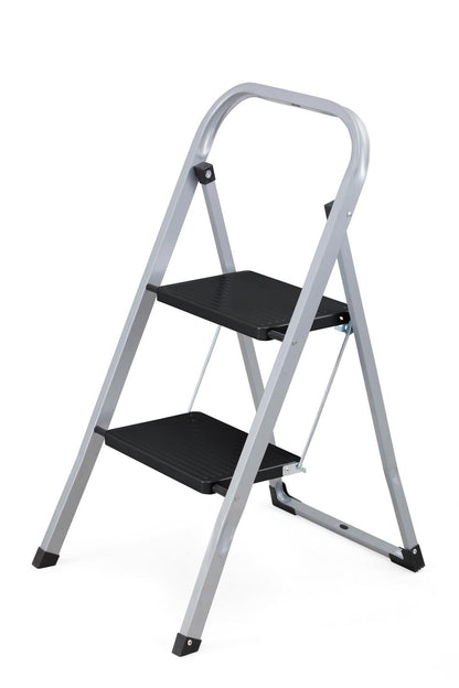 Escalera Tubular Trébol, Gris y Negro, Plagable de 2 Niveles, abierto