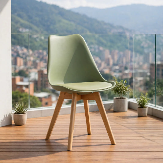 Silla Fyn, Color Verde, Diseño Minimalista con Espaldar, Cojín y Patas de Madera