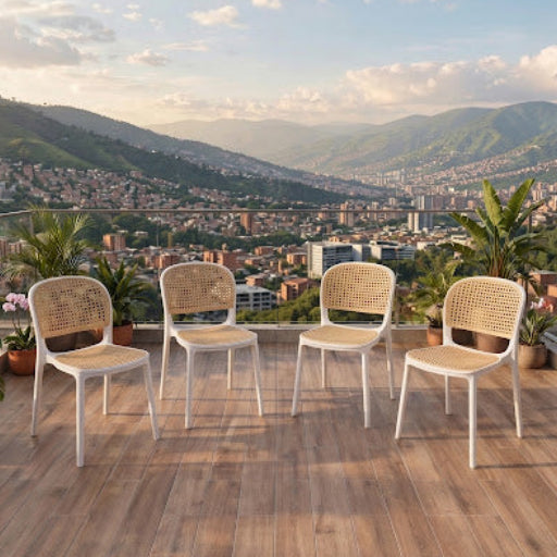 Set de 4 Sillas Nest, Color Blanco y Beige, con Espaldar y Asiento en Rejilla
